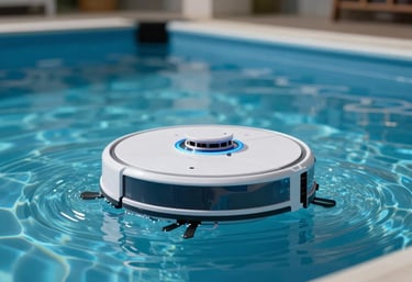 An automated pool cleaning robot working efficiently on the bottom of a clear pool. Modern, innovative maintenance equipment. Cool blue lighting.
