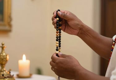 A respectful South American practitioner's hands holding a traditional string of beads over an altar. Warm candlelight in a room with cream walls and golden accents.