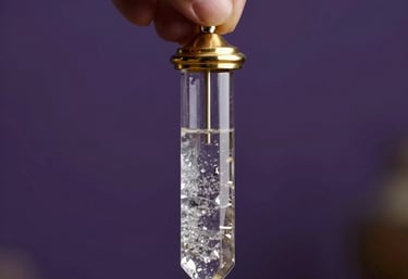 A close-up of a silver and gold crystal pendulum being held by a hand in a South American spiritual setting. The background is a soft dark purple. Professional photography.
