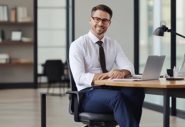 A focused accountant reviewing financial reports in a bright office.