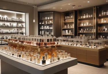 A warm, inviting photo of the family team in their perfume workshop surrounded by fragrance bottles.