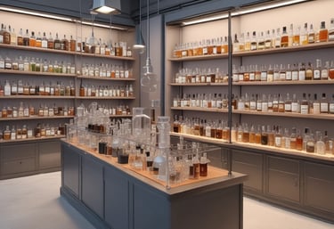 A warm, inviting photo of the Duft GmbH & Himmel family team in their workshop surrounded by perfume bottles and raw ingredients.