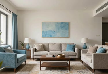 Interior shot of a vibrant living room in a South Asian / Indian apartment, painted in modern Soft Off-White and Sky Blue tones.