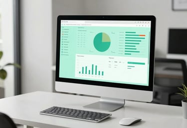 A clean, minimalist desk with a single modern monitor showing an analytics dashboard in seafoam green. The setting is a bright, airy office in Southeast Asia / Indonesia.