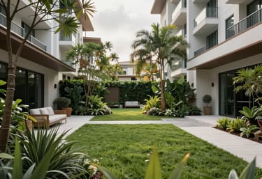 A lush, eco-friendly landscaped courtyard at a modern North American South Florida residential complex with sustainable design features.