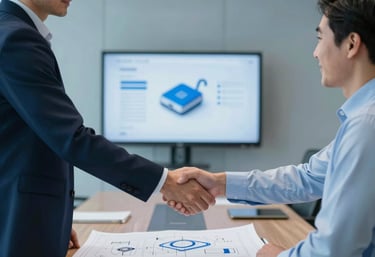 Two corporate executives in a modern boardroom shaking hands over a blueprint for a new electronic device. The scene is lit with cool blue tones (#3F72AF), conveying successful partnership.