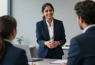 A smiling South Asian / Indian HR administrator welcoming visitors at a modern, polished corporate desk. Clean cool slate gray and deep navy blue palette.