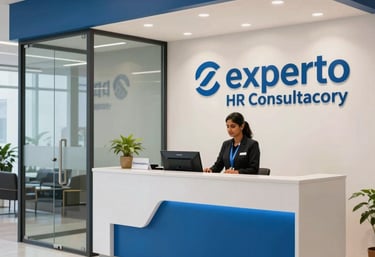 Modern reception lobby area of Experto HR Consultancy, corporate blue branding elements on the wall, glass doors, minimalist decor, South Asian / Indian receptionist at work, commercial architectural photography.
