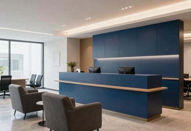 Wide-angle interior shot of a modern, stylish HR consultancy reception area in Ghaziabad, India. Clean lines, sleek corporate blue and slate gray minimalist furniture, warm ambient lighting.