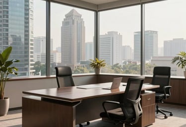 A sleek executive office cabin with high-end desks, overlooking Noida high-rises, bright professional corporate ambiance, Indian office style, glowing soft morning light.