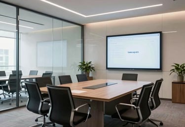 A brightly lit modern meeting room in a corporate building in Uttar Pradesh, India, with glass walls, ergonomic chairs, and a sleek presentation screen.