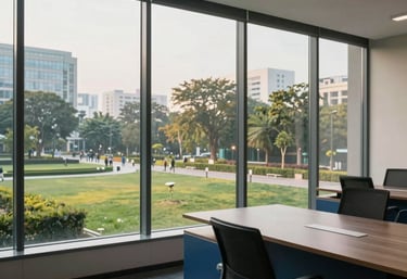 A modern executive office room with large glass windows overlooking a neat urban corporate park in Ghaziabad, India. Warm natural lighting, classic corporate blue and cool slate gray office details.