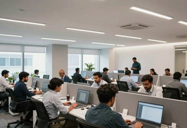 A dynamic open-plan co-working space inside a high-tech corporate office in Ghaziabad, Uttar Pradesh, India, showing professional Indian workers collaborating at long desks, clean design.