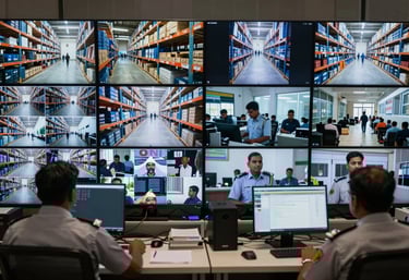 A high-resolution wall of monitors in a security control center, displaying live feeds of a warehouse and lobby, South Asian / Indian security personnel in background.