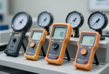 A collection of high-end measuring instruments like megohmmeters and ground testers arranged neatly on a testing rack. Sharp focus, professional lighting with #3A4750 gray accents.