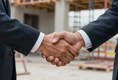 A high-quality close-up of a firm handshake between two professionals in business attire at a construction site in a Latin American / Spanish environment, symbolic of trust and partnership.