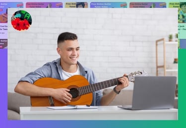 Smiling young man practicing acoustic guitar while following a free online tuner video on his laptop.