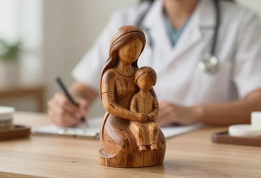 A close-up photograph of a small wooden sculpture or natural object representing motherhood on a desk, with a blurred South American Brazilian therapist in the background. Soft focus, warm light.