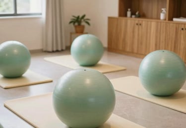 A bright photography of a Brazilian birth center preparation room, with exercise balls, soft mats, and warm wooden accents, everything in cream and light green tones.