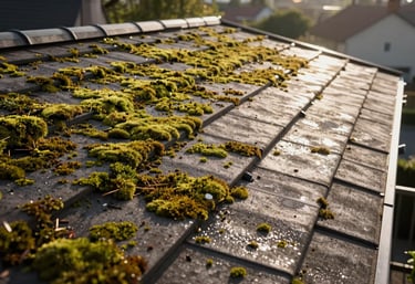 A wide shot of a clean, moss-free residential roof in France reflecting bright afternoon sunlight, showing the results of professional maintenance.