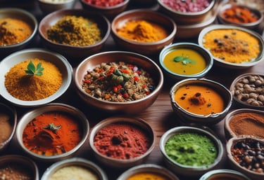 Close-up of vibrant spices arranged in rustic bowls on a wooden table.