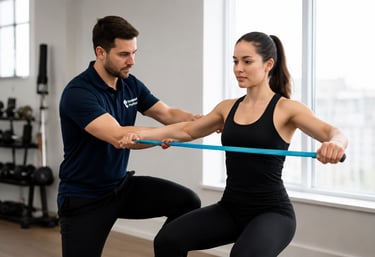 A physical therapist helps a woman with resistance band shoulder exercises in a rehabilitation clinic.
