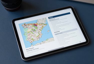A top-down view of a modern desk with a tablet displaying a map of Spain and professional documents, in muted navy blue and pale mist blue.