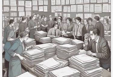 A professional team collaborating over digital devices displaying automated bidding software interface.