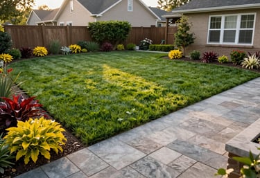 A wide, eye-level shot of a perfectly manicured backyard in a North American suburb, featuring a healthy green lawn, clean edges along a stone patio, and vibrant perimeter plants, late afternoon lighting.