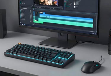 A minimalist, premium workspace showing a high-end mechanical keyboard and mouse with soft cyan underglow. On the background, a large monitor displays a professional timeline of a viral video being edited, conveying authority and tech focus.