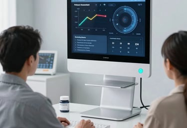 A hospital nurse using a tablet displaying AI-powered clinical monitoring data.