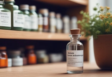 Close-up of natural supplements and fresh green leaves arranged on a wooden table.