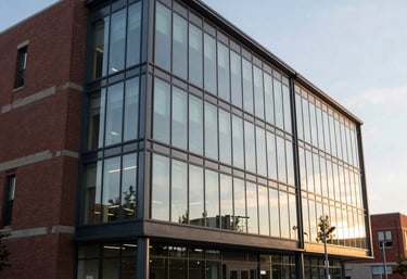 An exterior view of a contemporary glass and brick office building in Kitchener, Ontario, representing the headquarters of a forward-thinking tech firm during a clear afternoon.