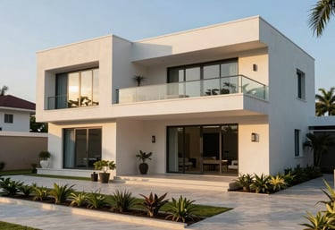 A luxurious contemporary villa in Riviera 3, Abidjan, featuring clean architectural lines and elegant landscaping. The photography captures the property at golden hour, emphasizing reliability and investment value. Muted blue and ivory palette. West African / Ivorian architecture.
