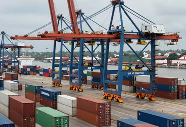 A dynamic shot of a shipping port in Côte d'Ivoire with containers and cranes, representing the professional scale of import-export activities.