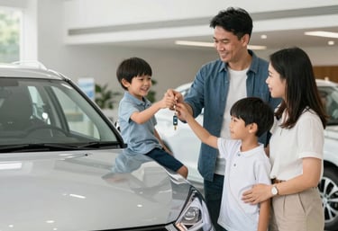A happy Southeast Asian family receiving the keys to their new Suzuki car in a bright, modern dealership showroom.