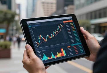 A digital tablet showing growing financial graphs and CDT investment data, held by a professional in a Colombian business district setting, sleek design.