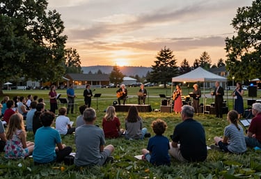 An outdoor community opera event at sunset in a Kennewick, Washington park, local families enjoying music, sophisticated yet inviting atmosphere, warm evening light.