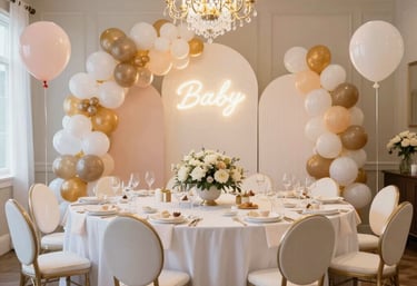A serene outdoor gathering space with natural wood tables, soft lantern light, and guests immersed in conversation surrounded by lush greenery.
