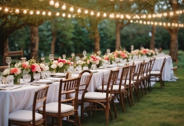 A serene outdoor gathering space with natural wood seating and soft candlelight at dusk.