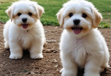 Two white Mal-Shi puppies sitting in yard 