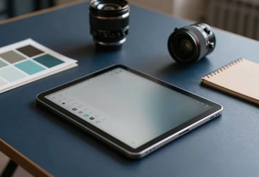 A clean, modern studio workspace with artistic color palettes and a digital tablet on a deep charcoal blue table.