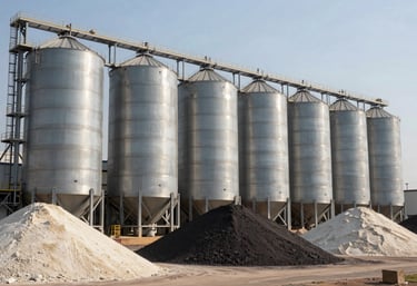 A row of large industrial silos and stockpiles of minerals at a South American / Brazilian mining facility, showing capacity and scale, bright daylight.