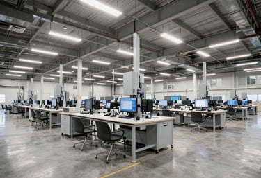 A large, brightly lit modern warehouse interior in a North American / International city, with automated systems and clean organization, professional atmosphere.