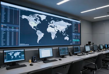 Interior of a modern logistics control room with large screens displaying global maps and data, blue and slate gray tones, Global / International.