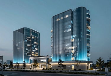 A photograph of a futuristic Global / International commercial building with a sustainable design. The structure is illuminated with soft Sky Blue lighting against a Teal Slate evening sky.