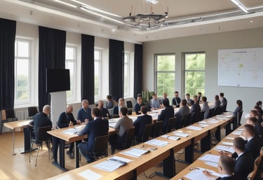 A consultant discussing renewable energy plans with a client in a bright office.