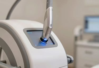 Close up of high-tech laser equipment used in aesthetics, looking sleek and professional, integrated into a modern clinic setting (#4A433D, #DDCDBB).