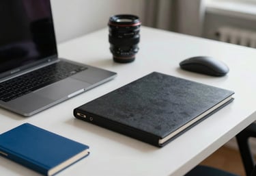 Professional photography of a digital strategist's workspace in a North American / US setting. A clean white desk with deep black and vibrant blue tools. Soft natural lighting.