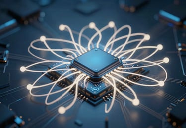 A symbolic visualization of a neural network being processed by a chip, medium blue and off-white light trails, clean tech aesthetic.